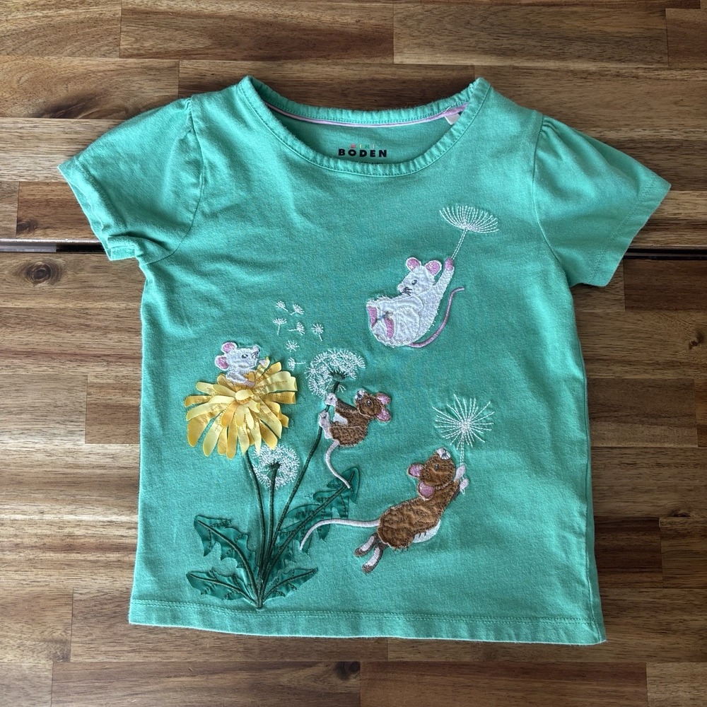 Mini Boden Girls Mouse Appliqué Cotton Top 3D Flower Green T-Shirt 4-5Y Preppy